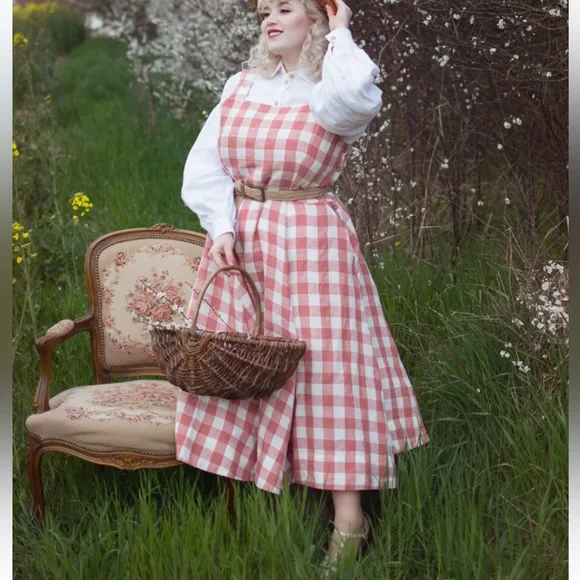 Son de Flor Pinafore linen dress pink check